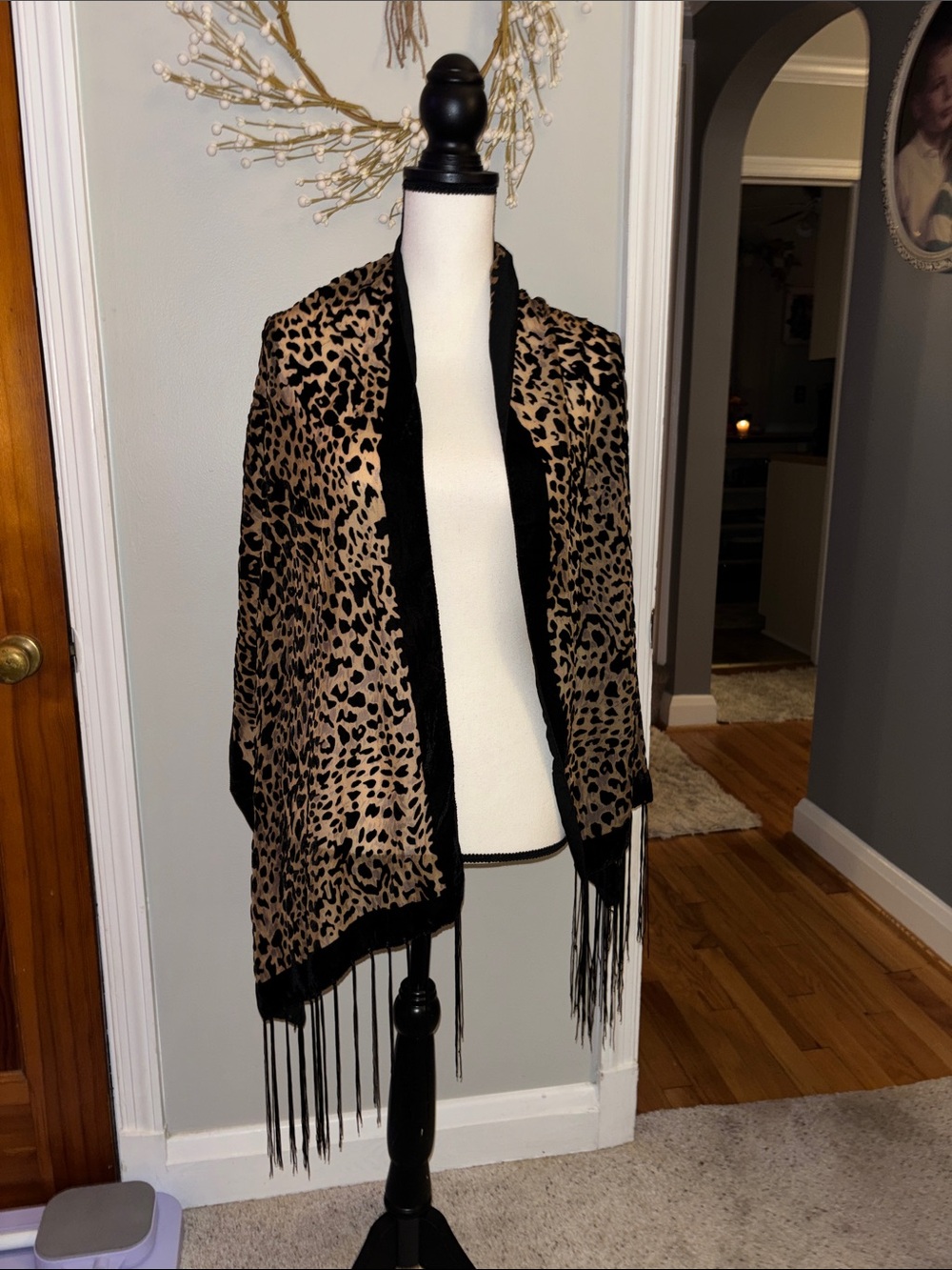 Leopard Print Fringe Shawl Jacket - Black & Tan